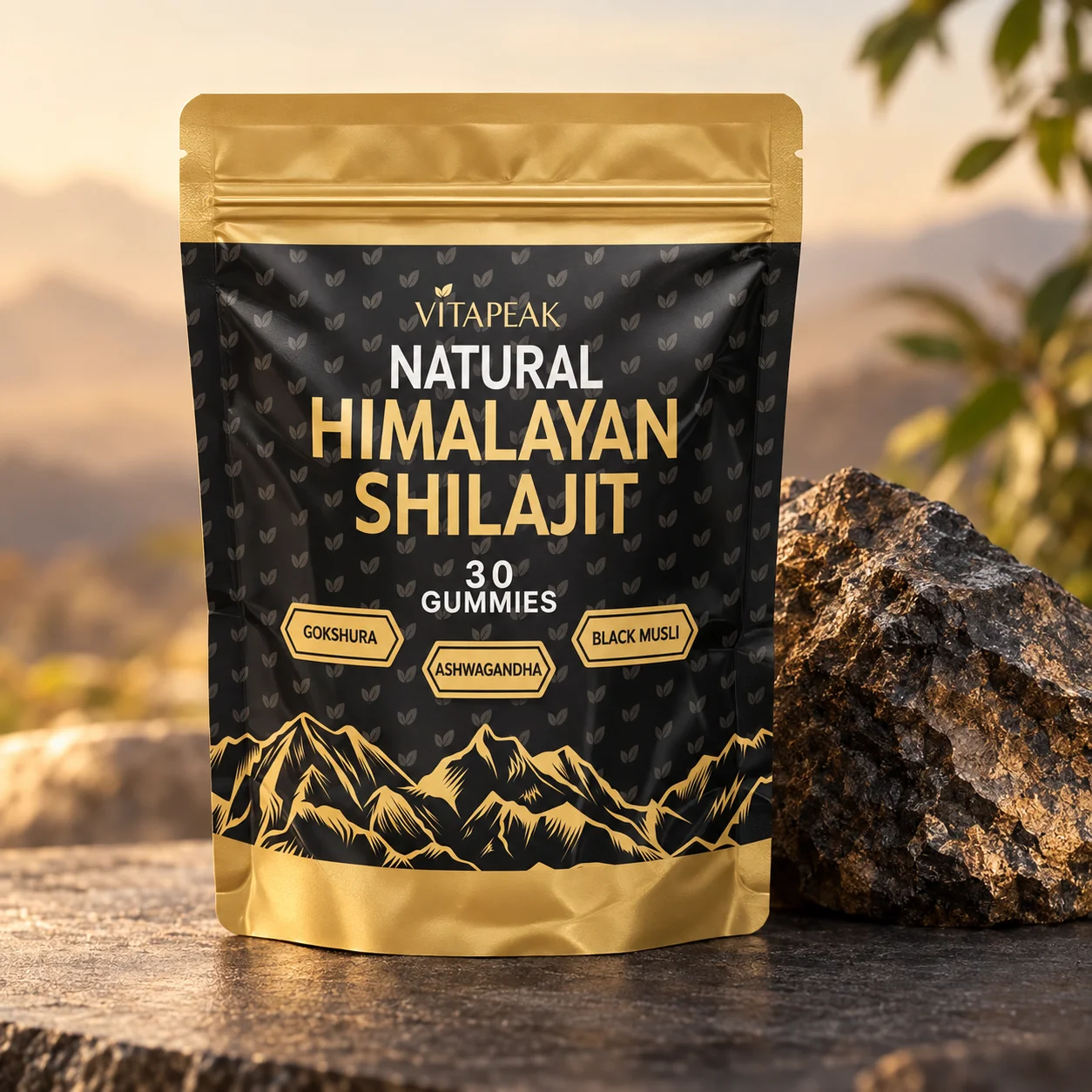 Présentation du sachet de shilajit VitaPeak dans un décor minéral