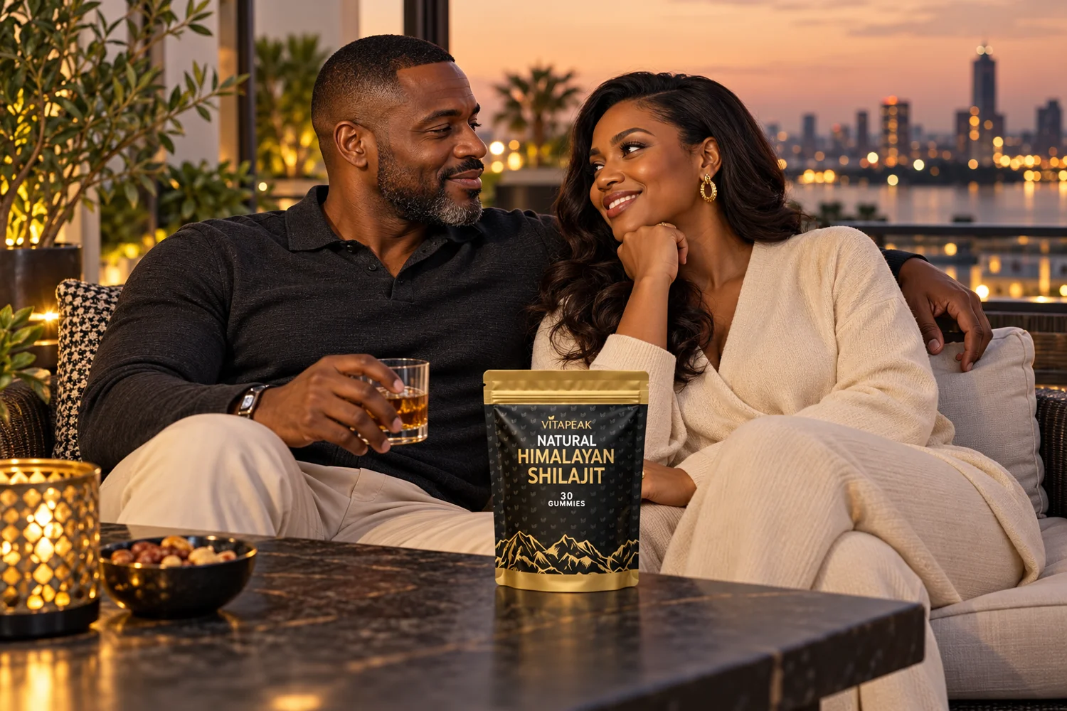 Couple africain partageant un moment de complicité en terrasse