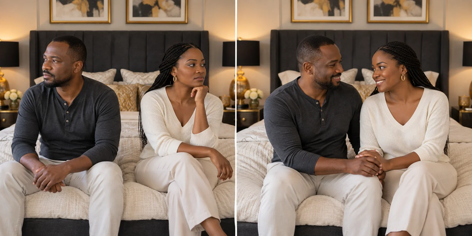 Mise en scène du même couple africain : distant à gauche, souriant et se tenant la main à droite