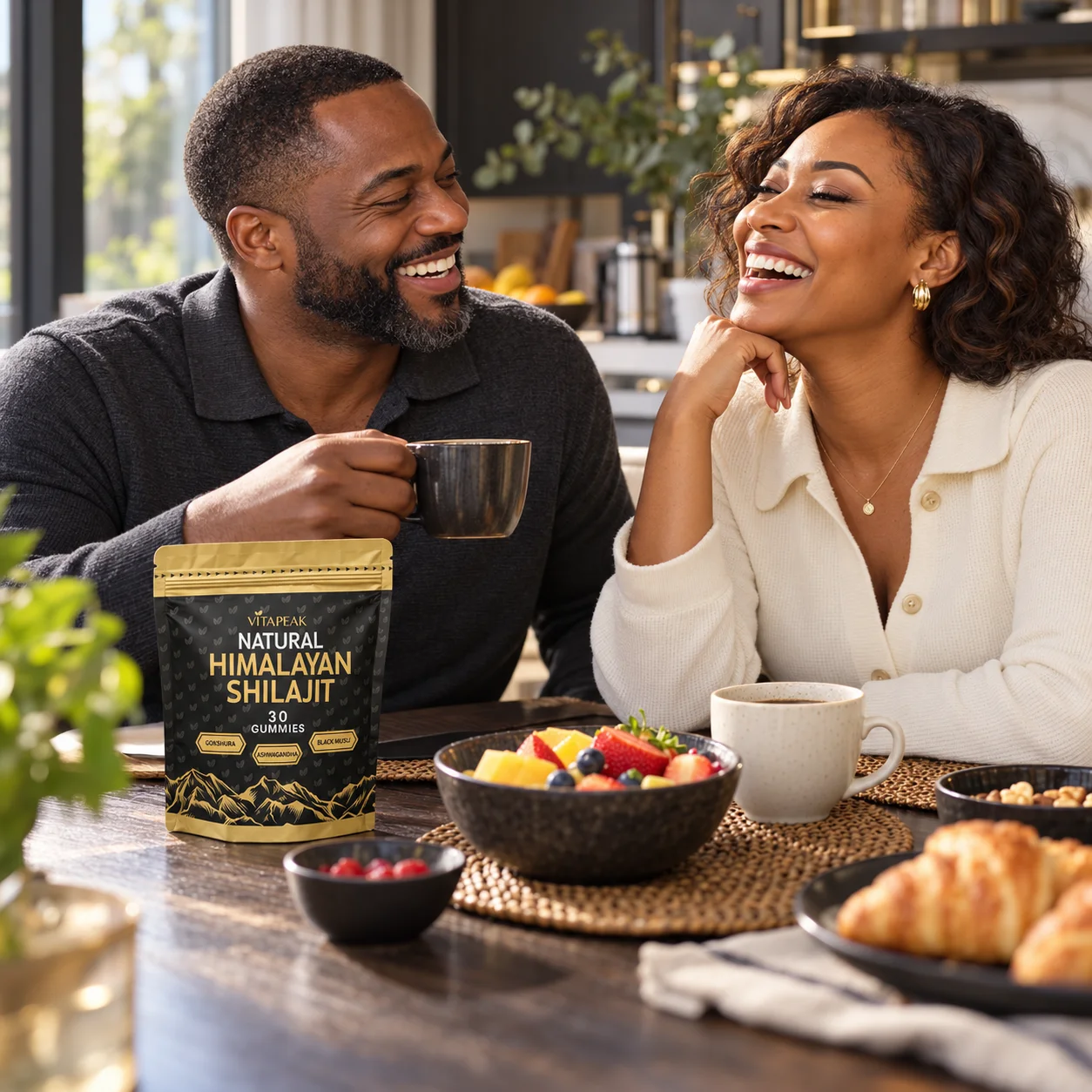 Couple africain souriant pendant un petit-déjeuner
